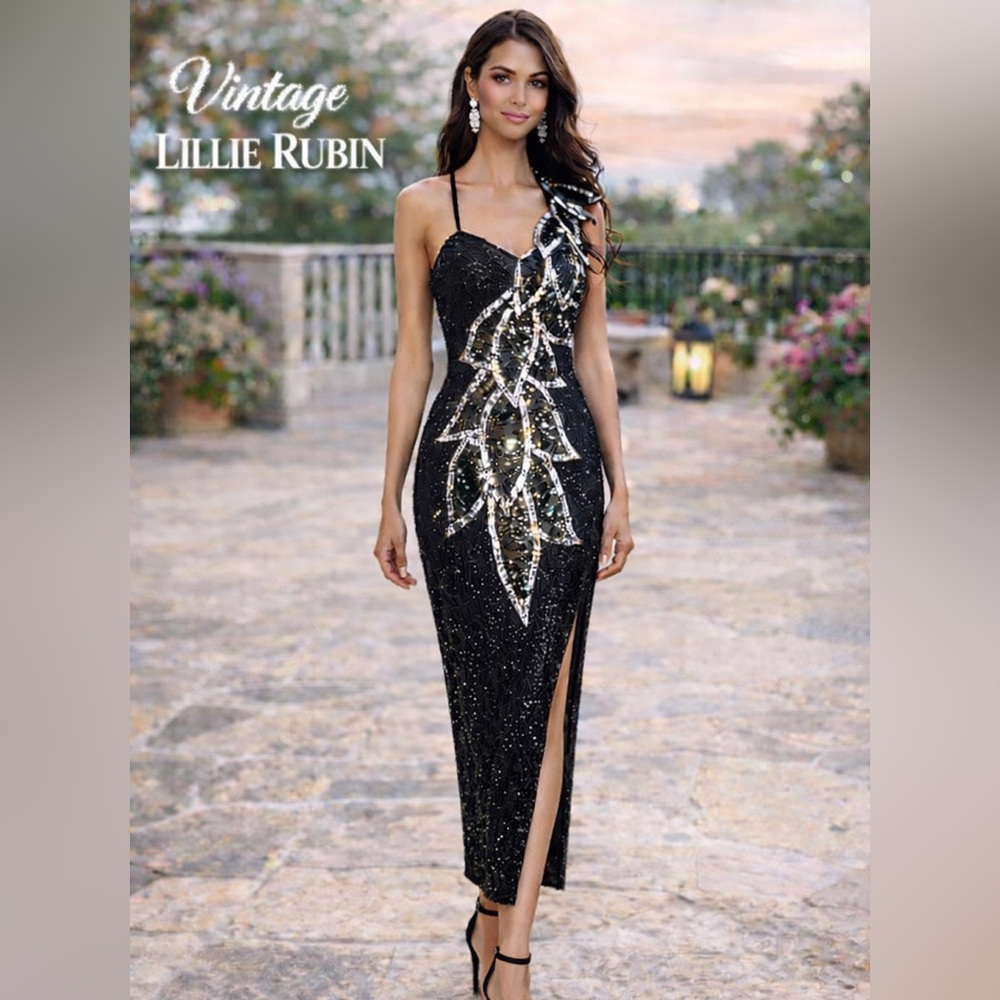 VTG,Lillie Rubin Exquisite, Black Sequin Beaded-Leaf Motif,Evening Gown,Size M